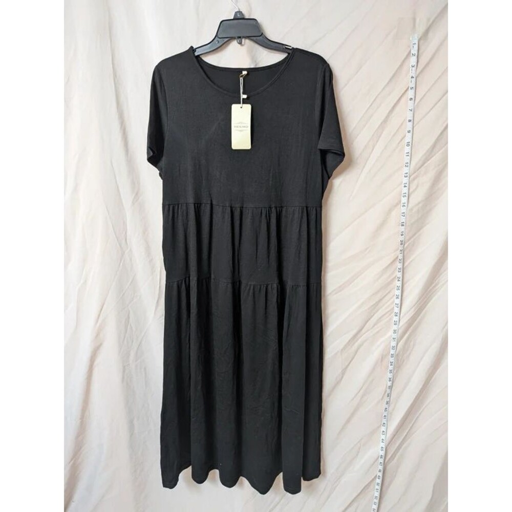 YESNO Black Tiered Midi Dress Short Sleeve Boho Casual NWT Size L